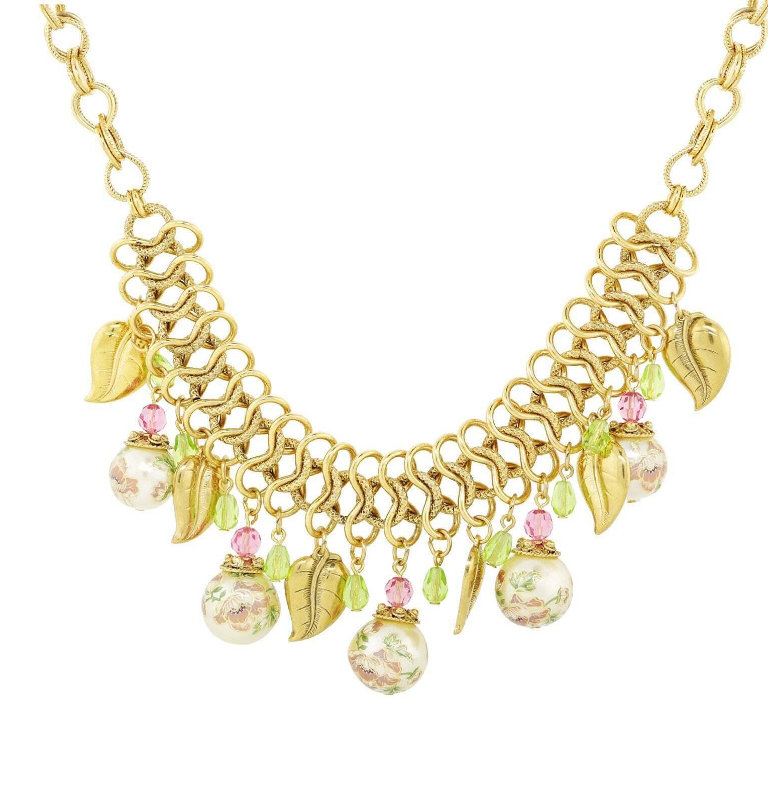 1928 Jewelry Flower Decal Faux Pearl Leaf Beaded Necklace 16" + 3" Extender