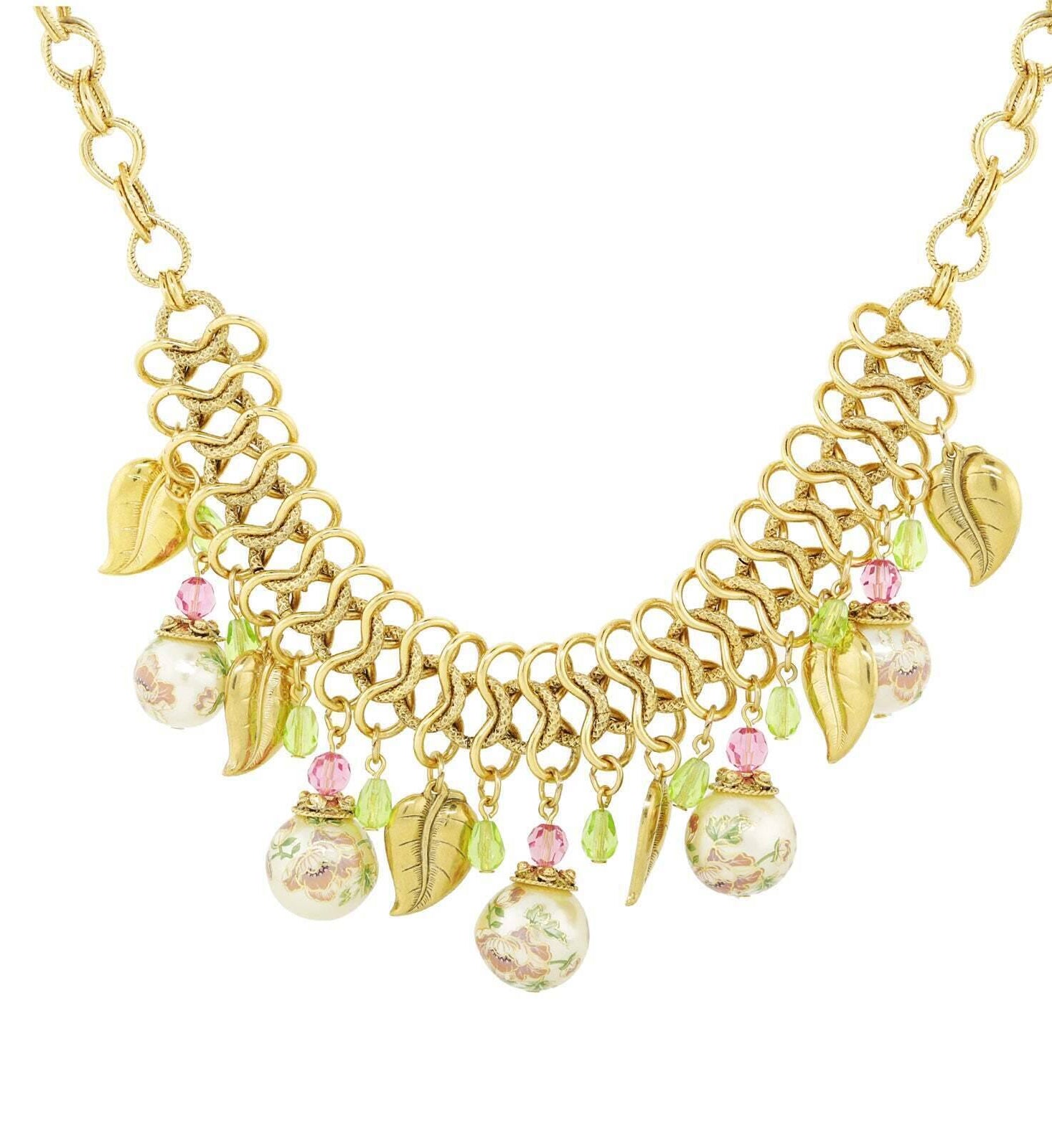 1928 Jewelry Flower Decal Faux Pearl Leaf Beaded Necklace 16" + 3" Extender