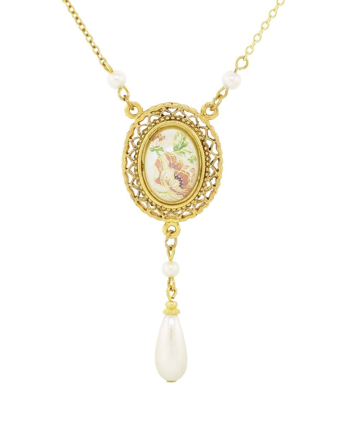 1928 Jewelry Oval Flower Decal Faux Pearl Teardrop Pendant Necklace 16" + 3" Extender