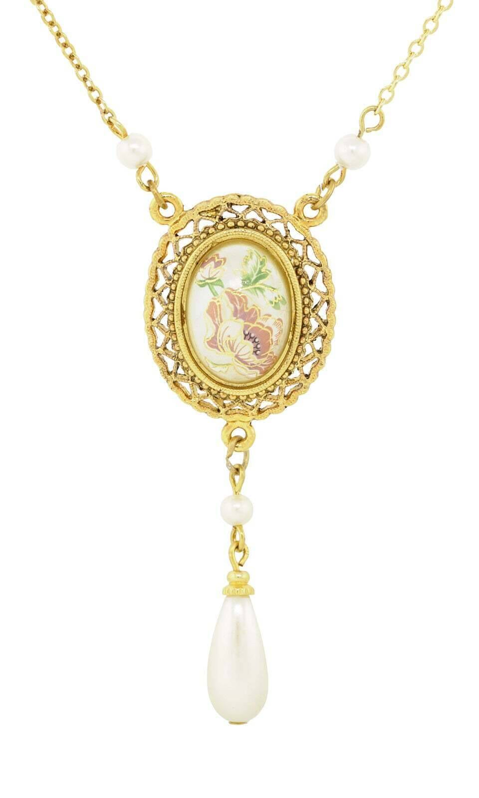 1928 Jewelry Oval Flower Decal Faux Pearl Teardrop Pendant Necklace 16" + 3" Extender