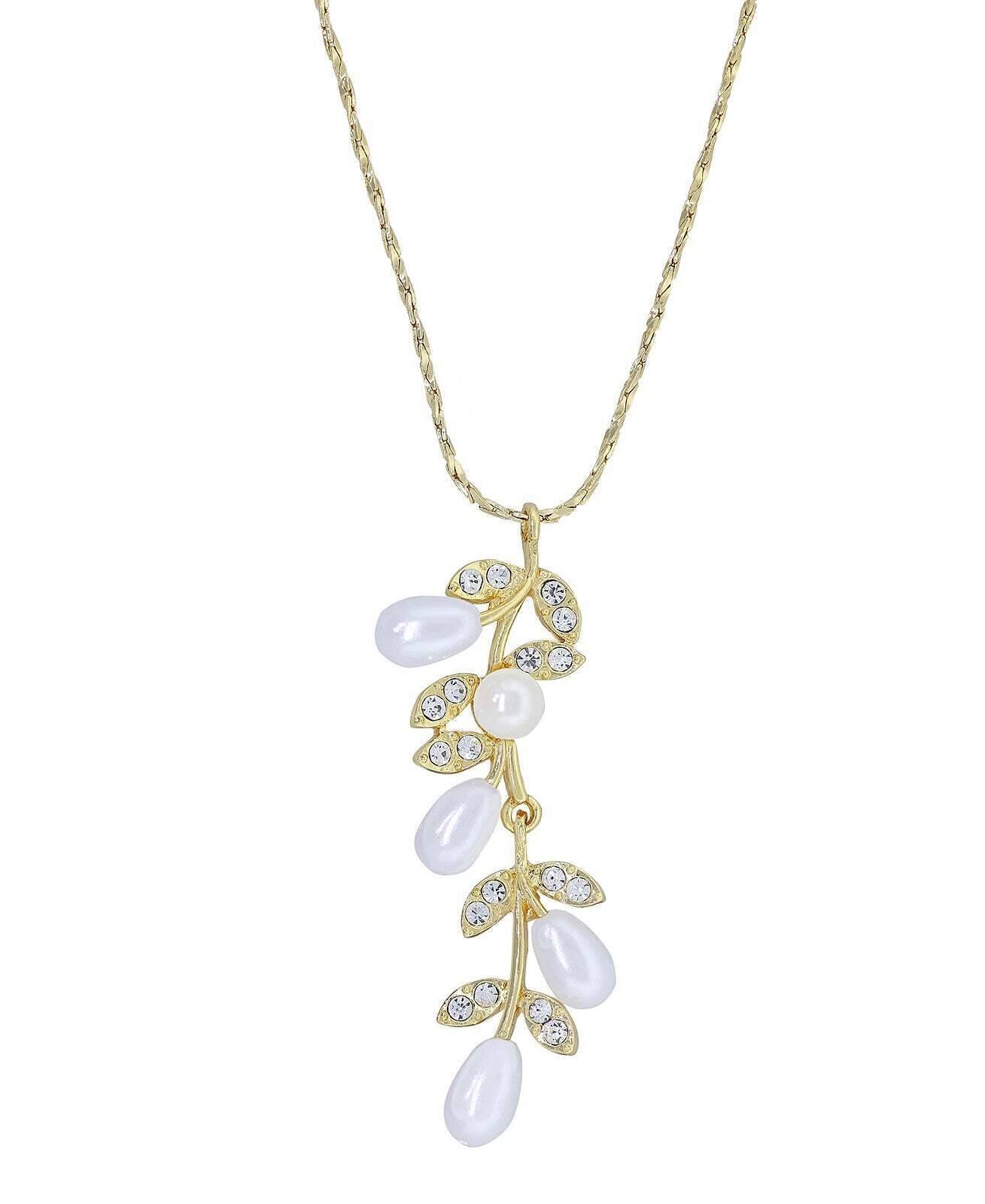 1928 Jewelry Faux Pearl Drop Crystal Leaves Pendant Necklace 18"