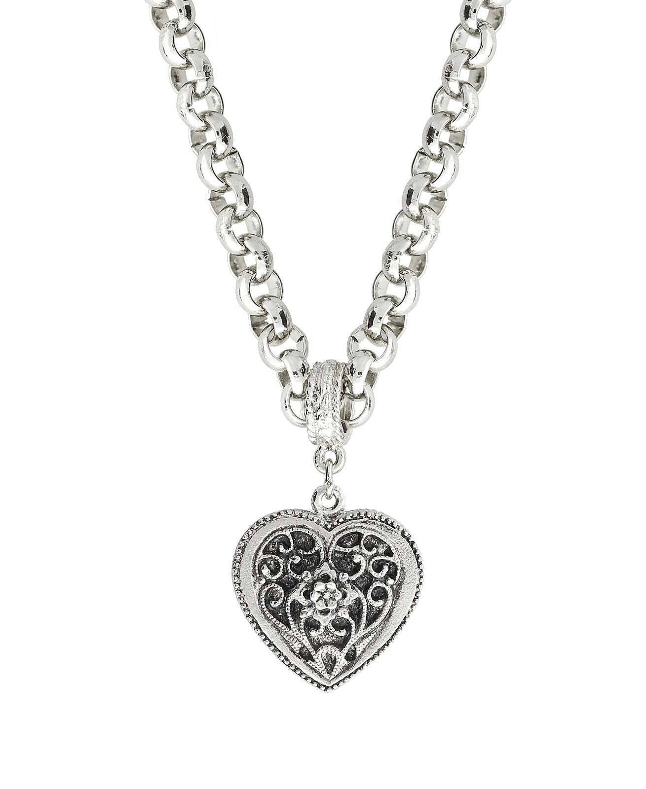1928 Jewelry Silver Filigree Flower Heart Pendant Necklace 16" + 3" Extender