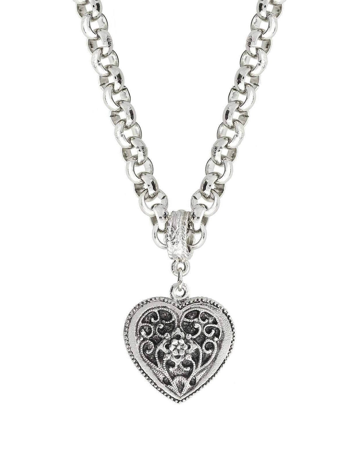 1928 Jewelry Silver Filigree Flower Heart Pendant Necklace 16" + 3" Extender