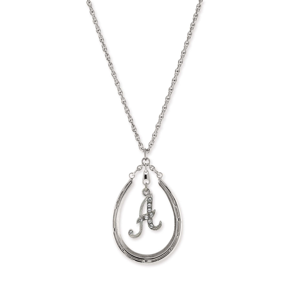 Pewter Horseshoe Crystal Initial Necklace 16   19 Inch Adjustable