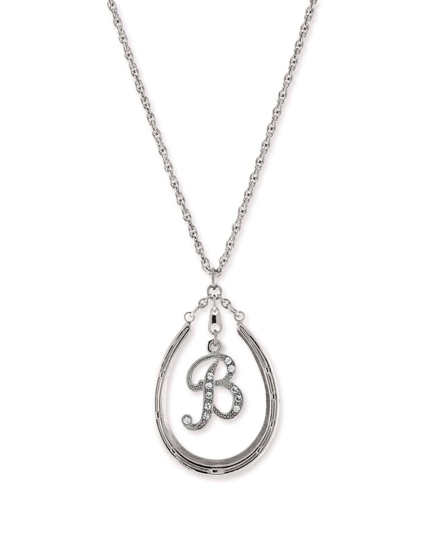 1928 Jewelry Pewter Horseshoe Crystal Initial Necklace 16" + 3" Extender