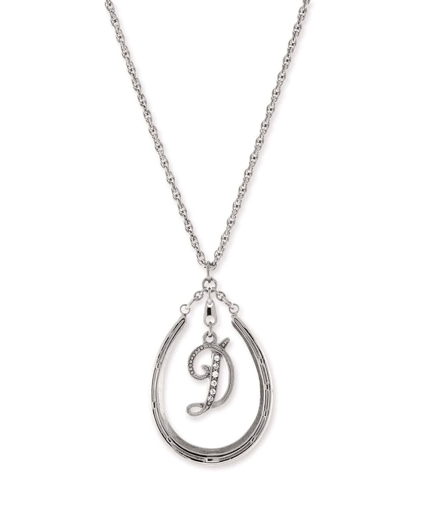1928 Jewelry Pewter Horseshoe Crystal Initial Necklace 16" + 3" Extender