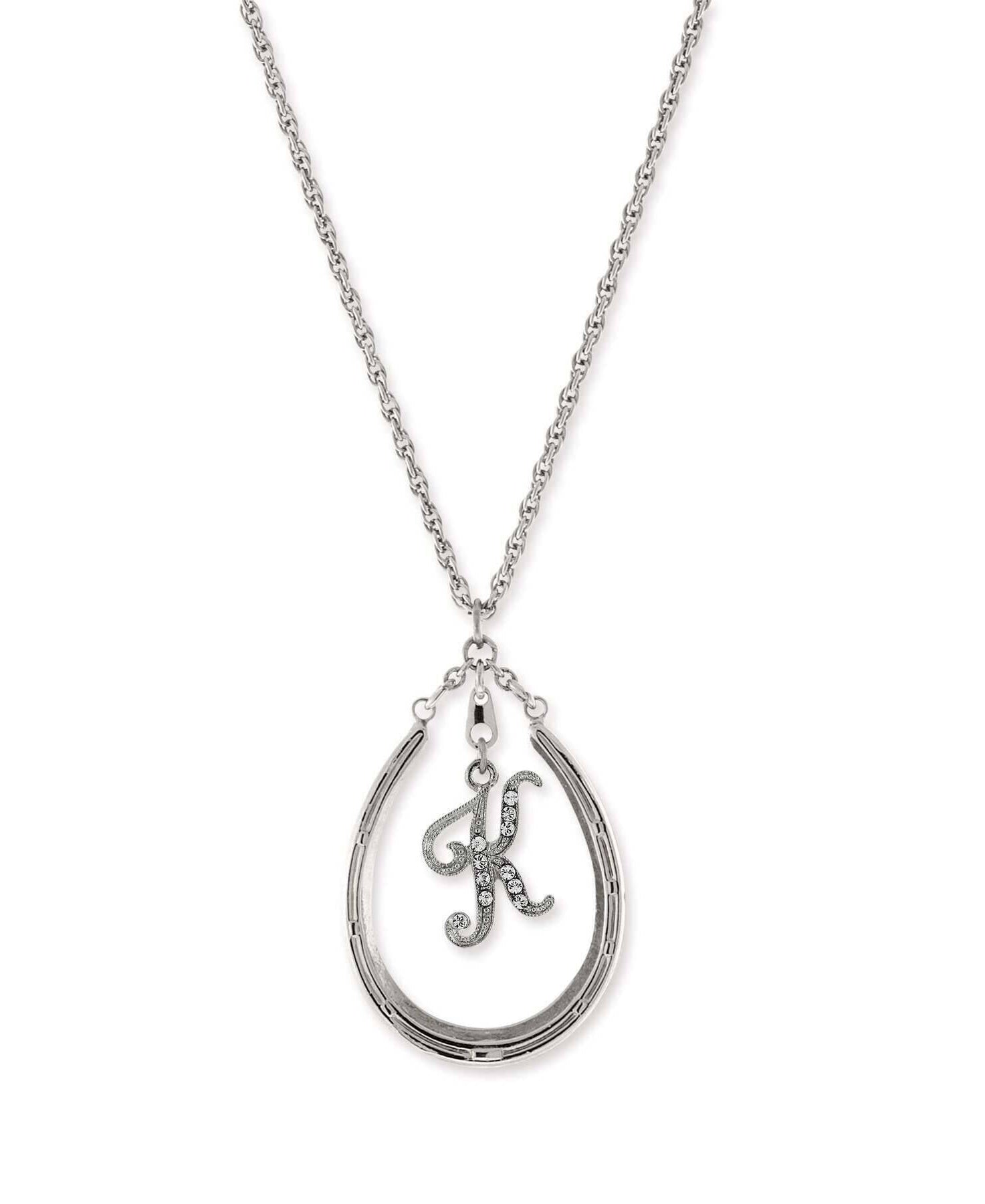 1928 Jewelry Pewter Horseshoe Crystal Initial Necklace 16" + 3" Extender