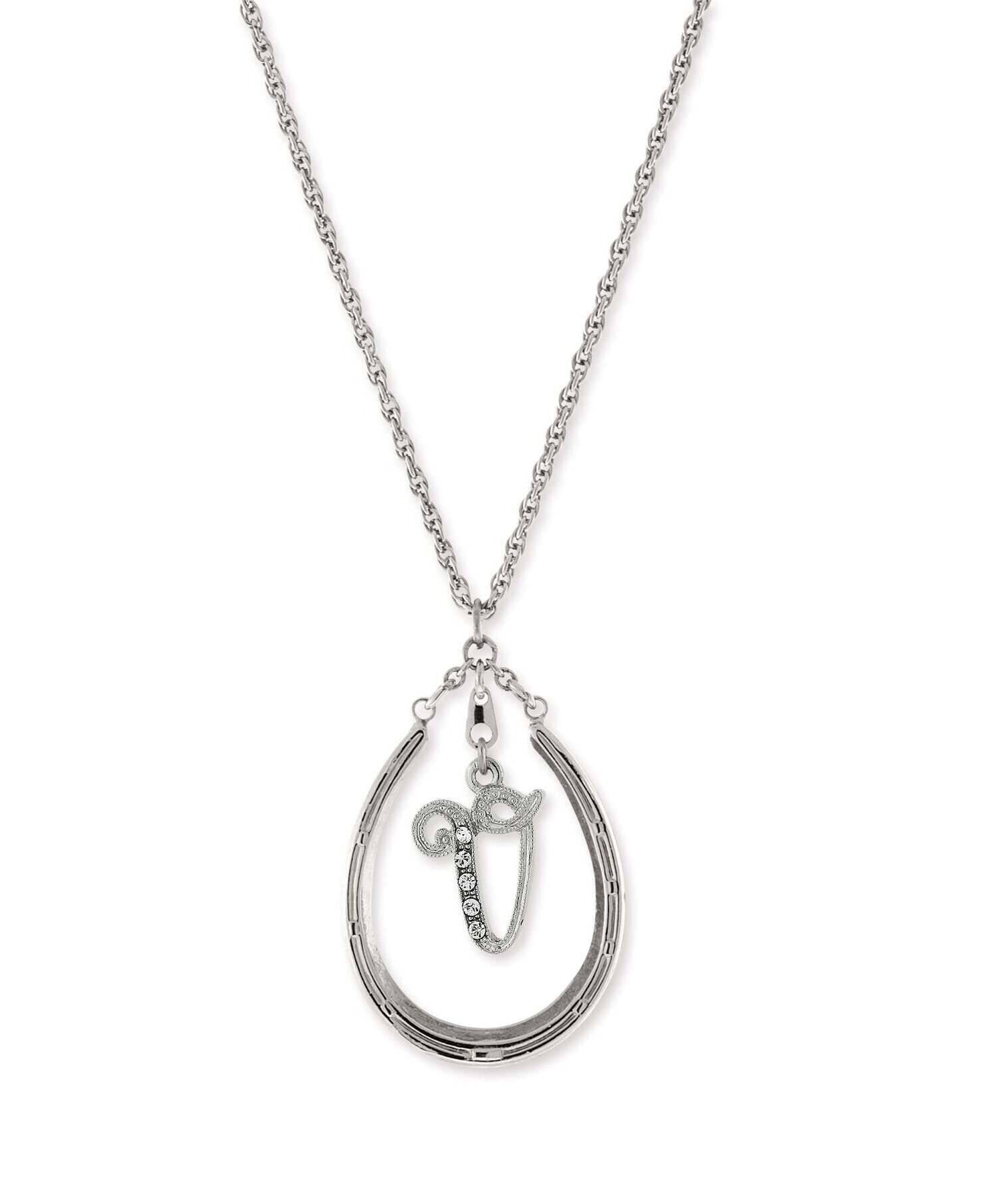 1928 Jewelry Pewter Horseshoe Crystal Initial Necklace 16" + 3" Extender