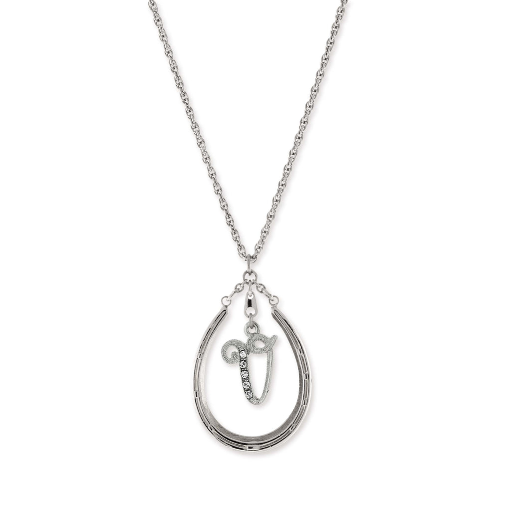 Pewter Horseshoe Crystal Initial Necklace W