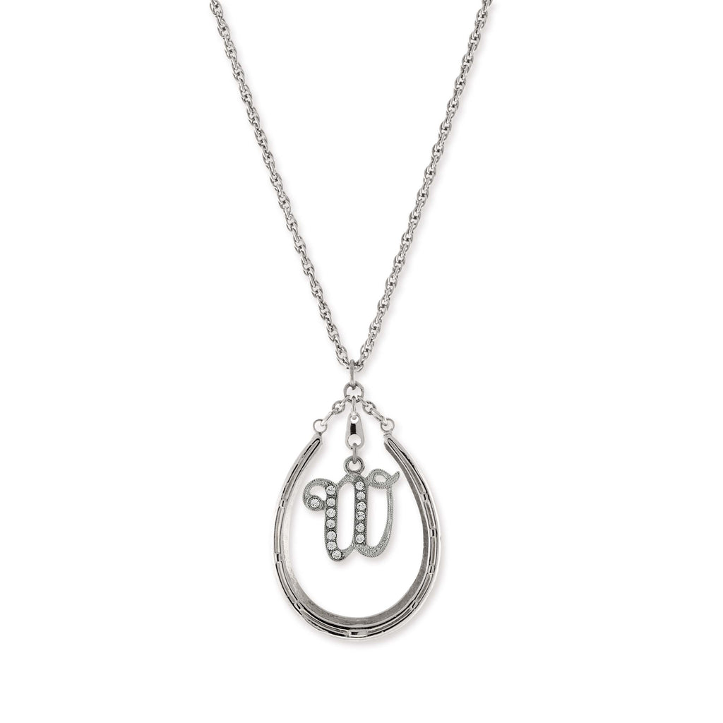 Pewter Horseshoe Crystal Initial Necklace R