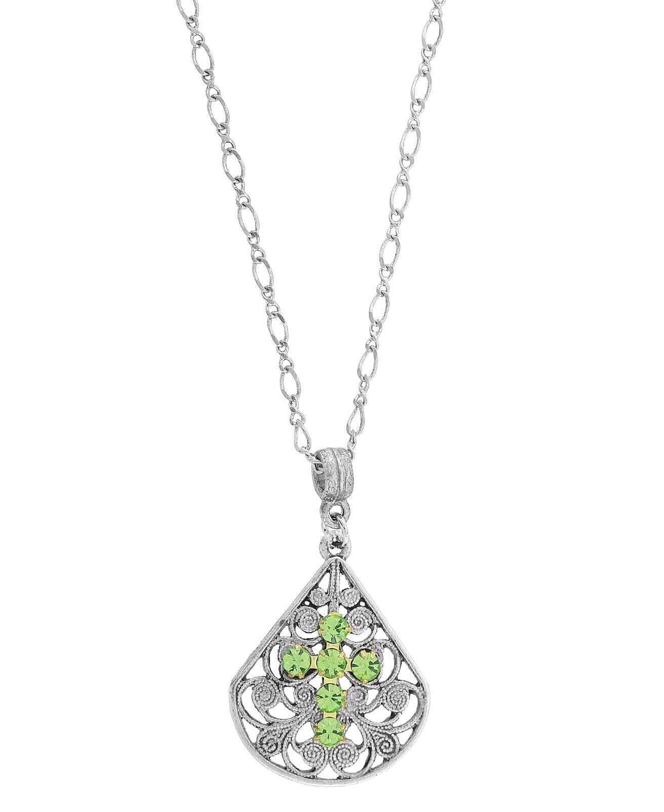 1928 Jewelry Crystal Cross Fan Filigree Teardrop Pendant Necklace 16" + 3" Extender