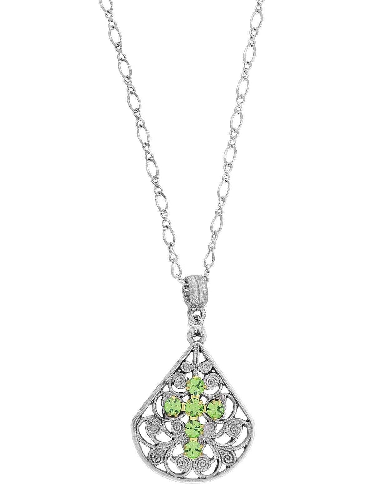 1928 Jewelry Crystal Cross Fan Filigree Teardrop Pendant Necklace 16" + 3" Extender