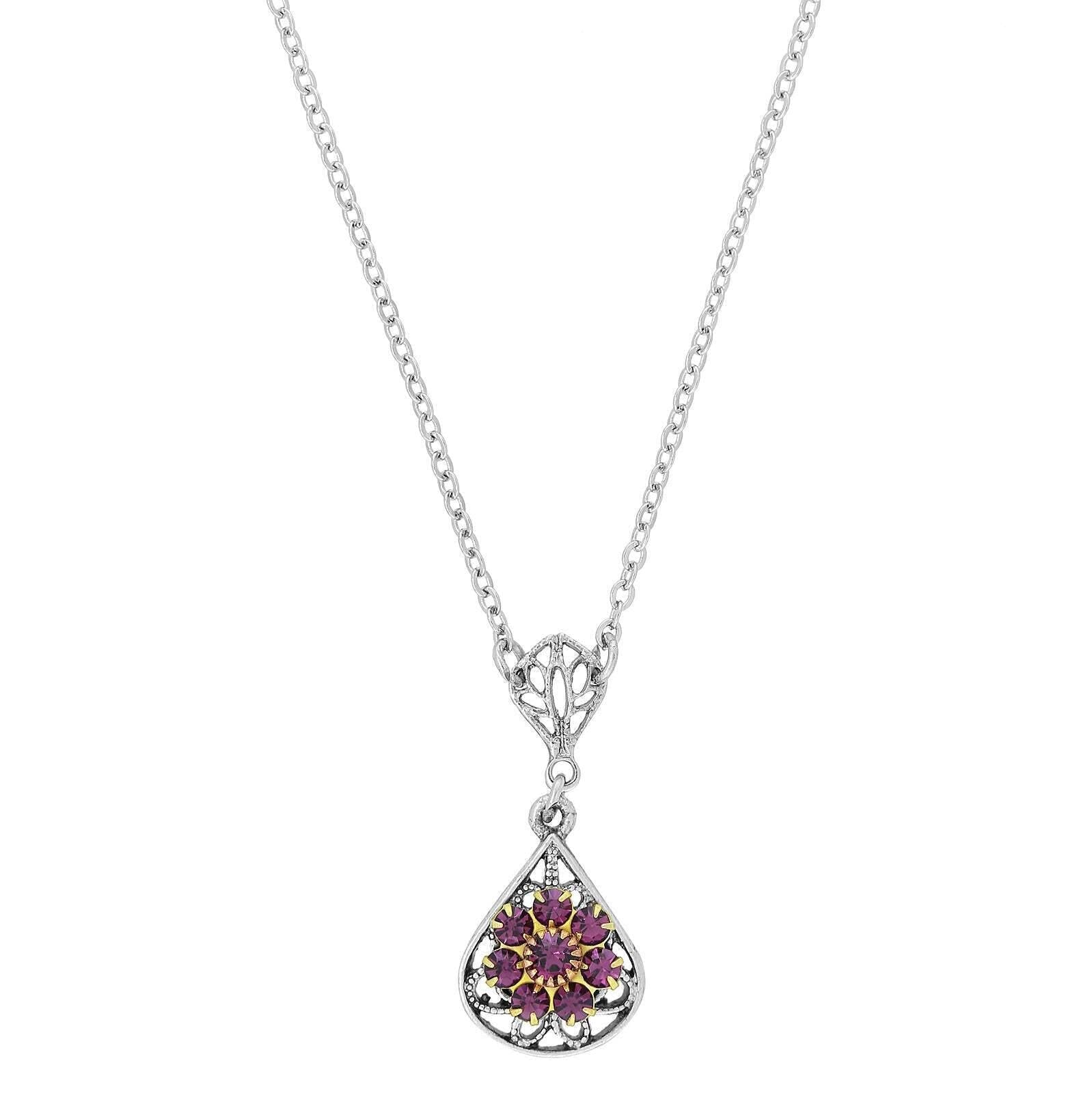 1928 Jewelry Flower Crystal Cluster Teardrop Pendant Necklace 16" + 3" Extender