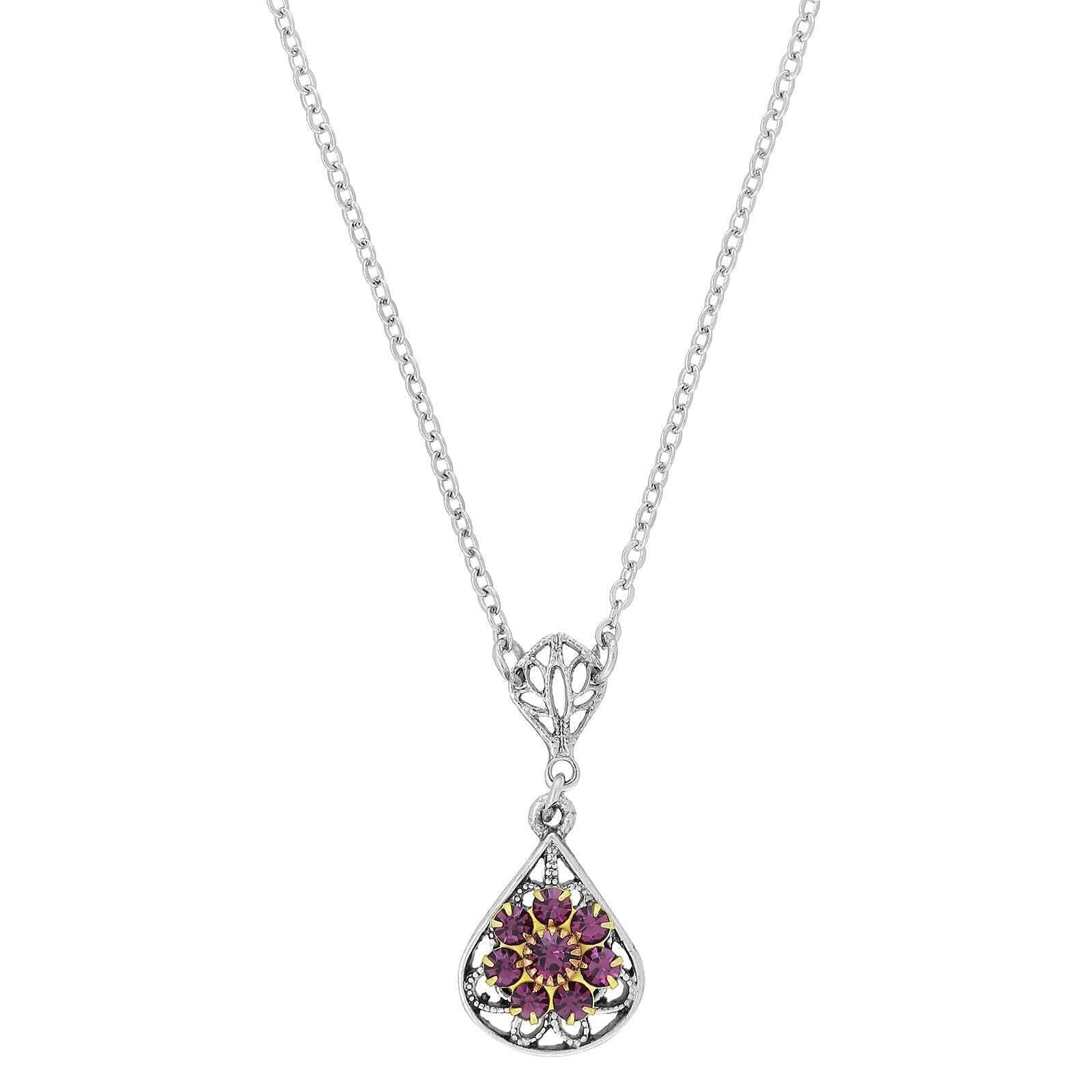 1928 Jewelry Flower Crystal Cluster Teardrop Pendant Necklace 16" + 3" Extender