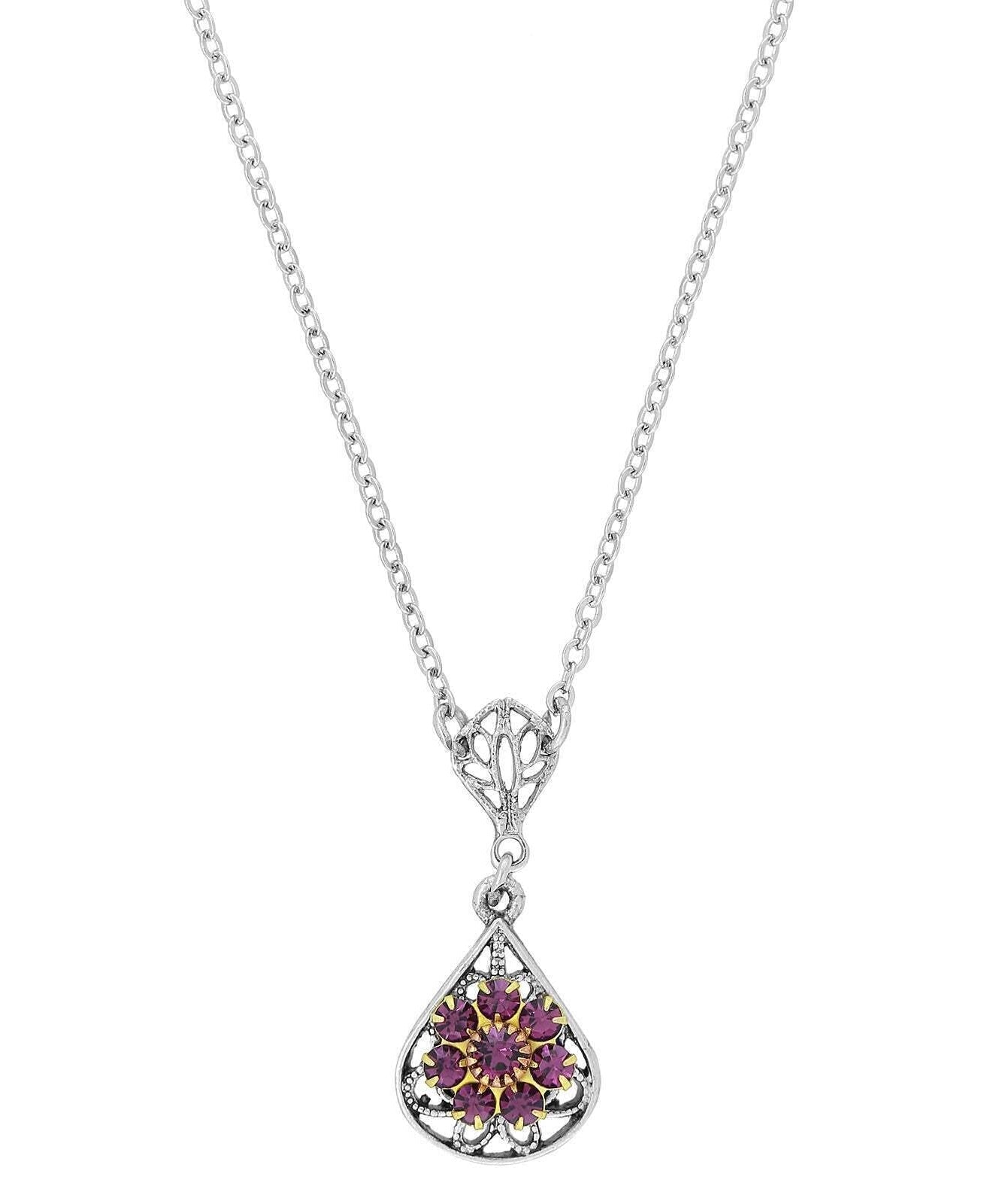 1928 Jewelry Flower Crystal Cluster Teardrop Pendant Necklace 16" + 3" Extender