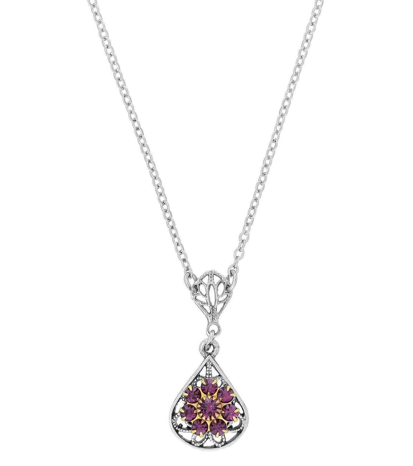 1928 Jewelry Flower Crystal Cluster Teardrop Pendant Necklace 16" + 3" Extender