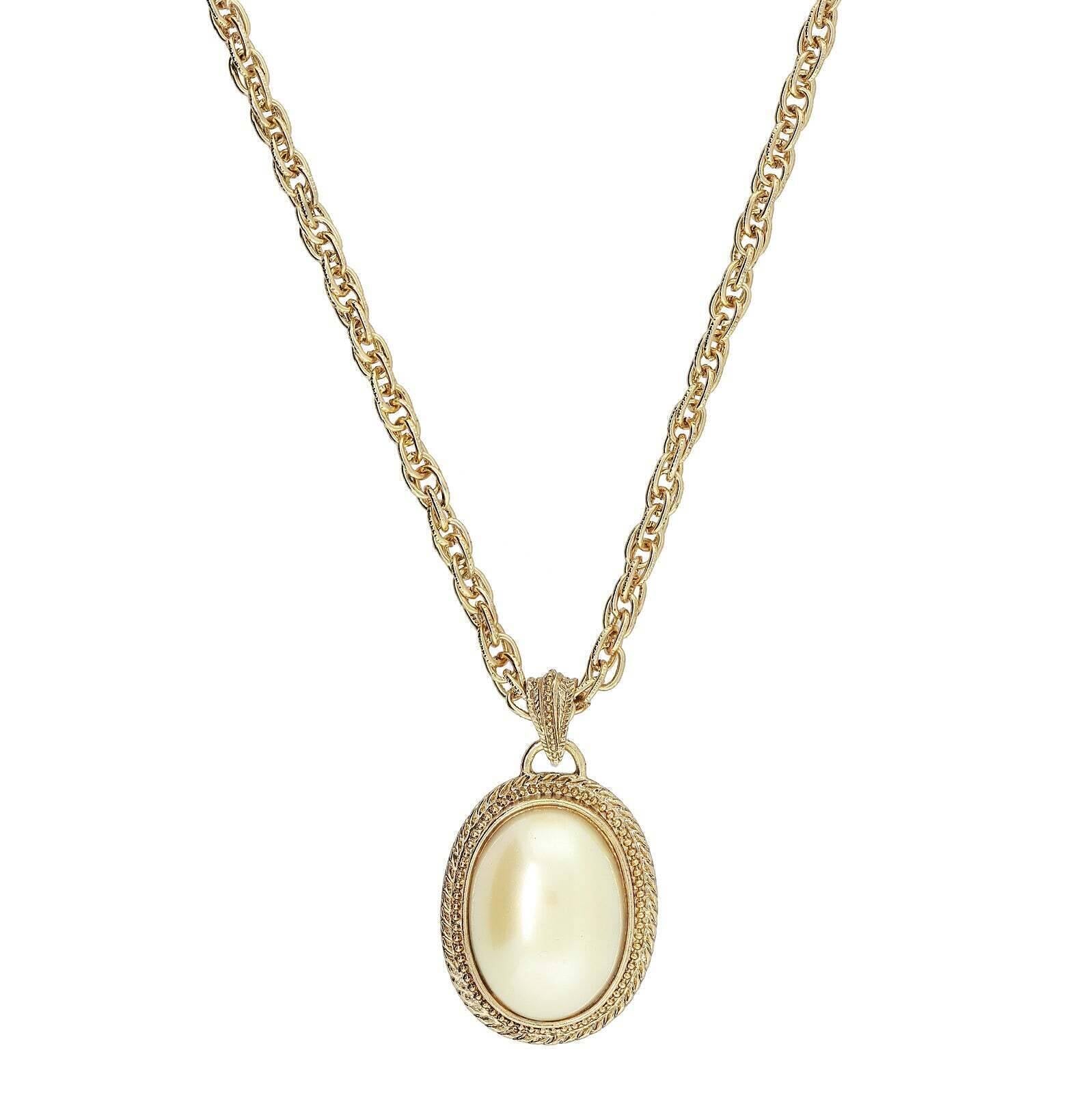 1928 Jewelry Faux Pearl Oval Drop Pendant Necklace 16" + 3" Extender