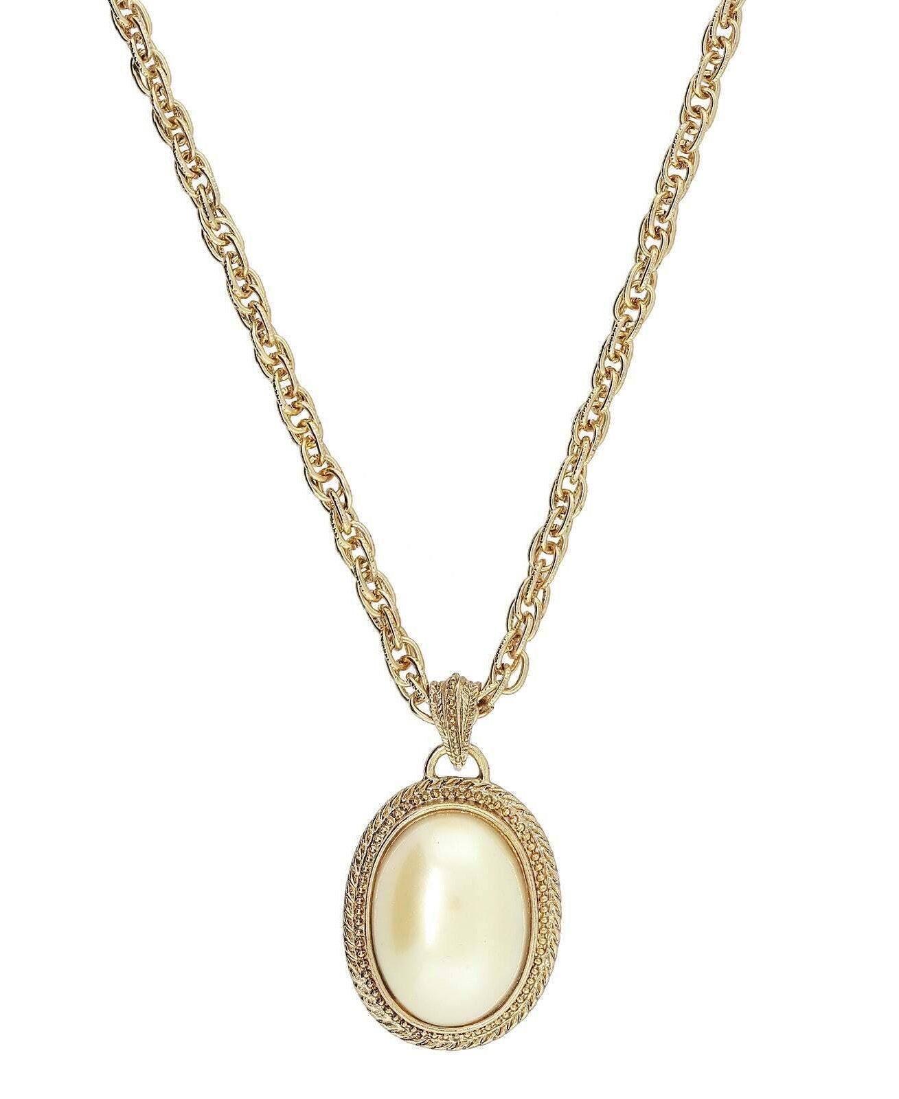 1928 Jewelry Faux Pearl Oval Drop Pendant Necklace 16" + 3" Extender