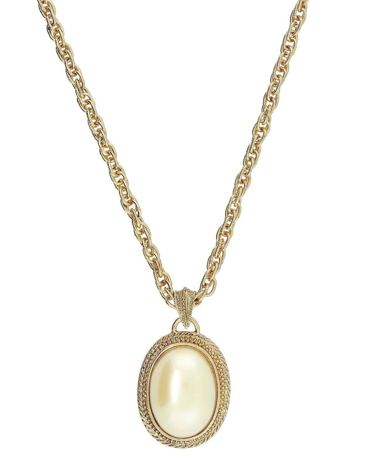 1928 Jewelry Faux Pearl Oval Drop Pendant Necklace 16" + 3" Extender