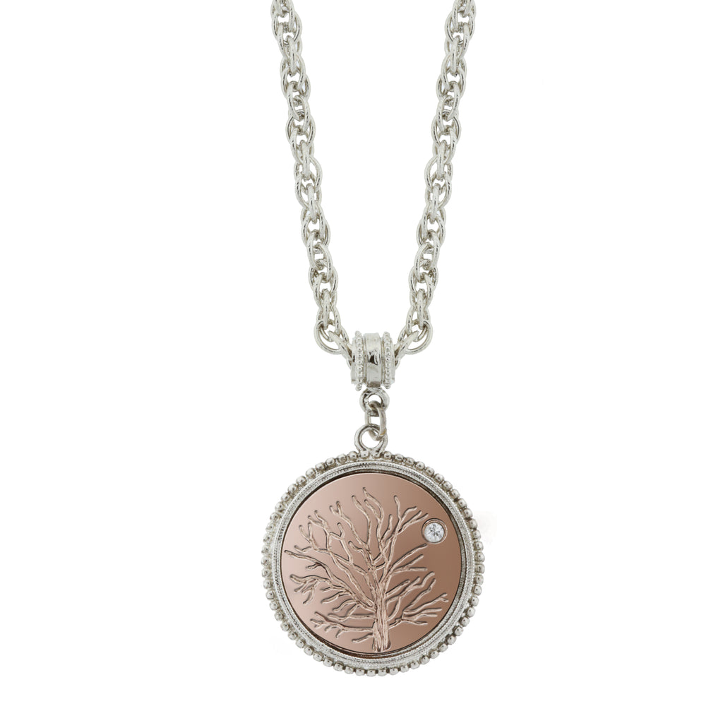 Silver Tone And Rose Gold Tone  Tree Of Life  Pendant Necklace 16   19 Inch Adjustable