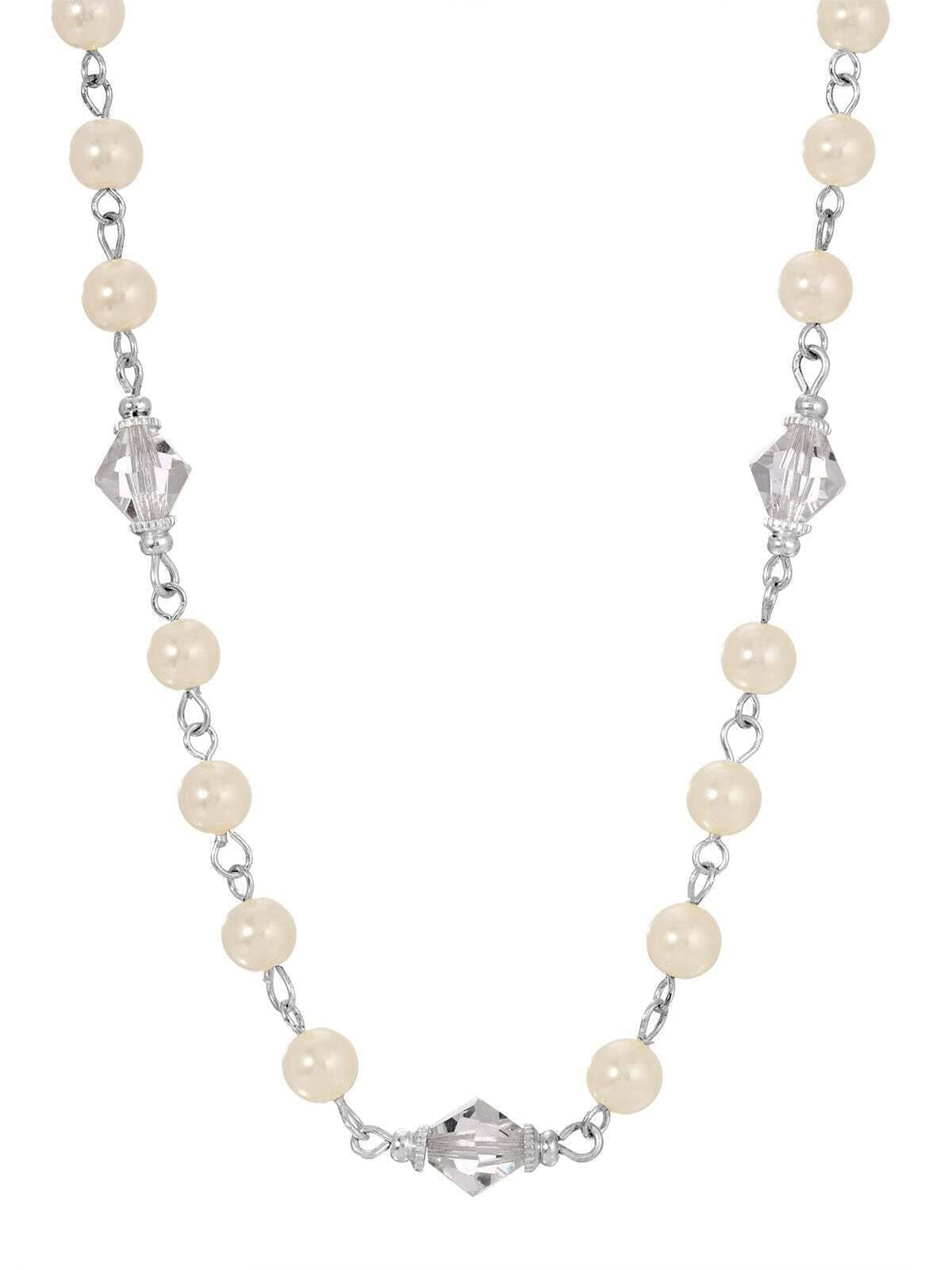 1928 Jewelry Isles Crystal 6mm Faux Pearl Strand Necklace 15" + 3" Extender