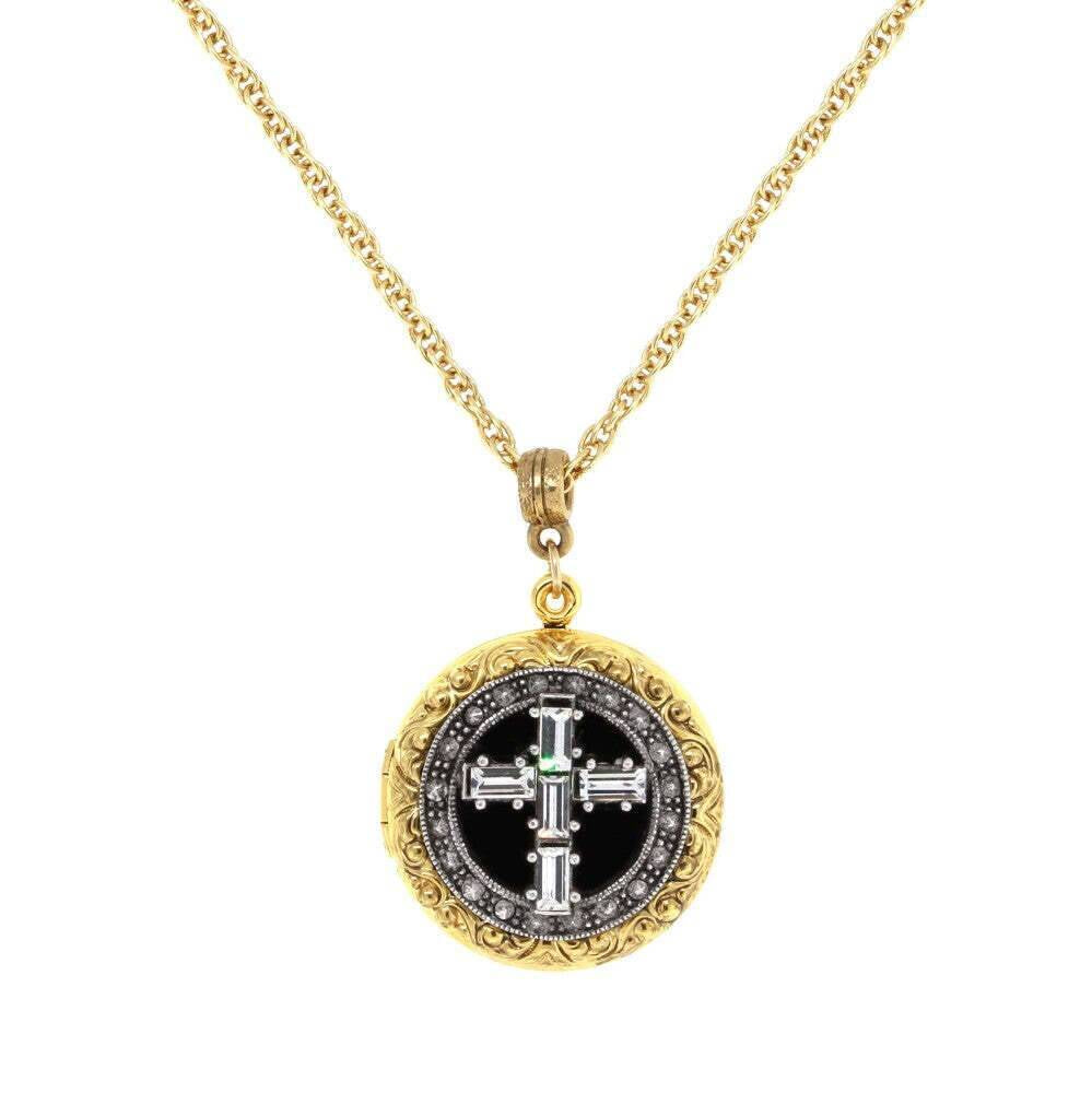 1928 Jewelry Enamel & Baguette Crystal Cross Locket Necklace 16" + 3" Extender