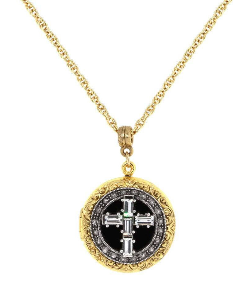 1928 Jewelry Enamel & Baguette Crystal Cross Locket Necklace 16" + 3" Extender