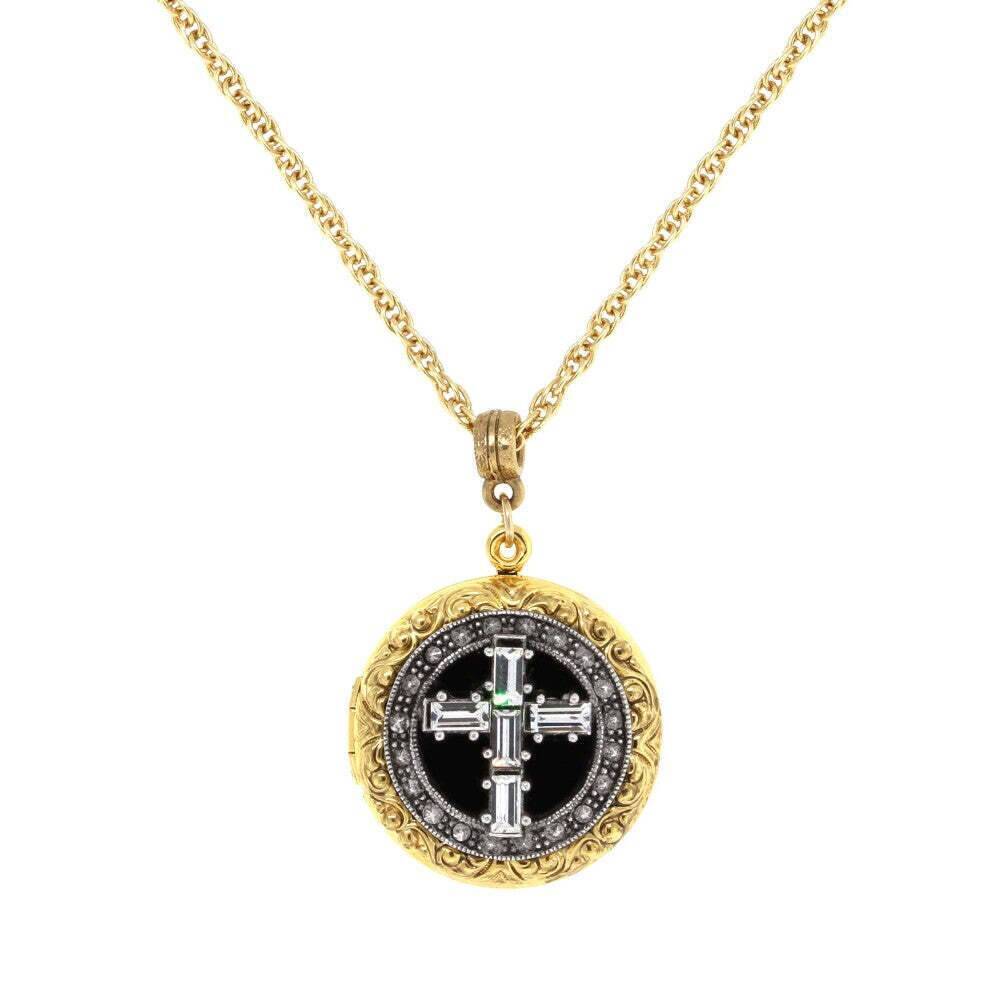 1928 Jewelry Enamel & Baguette Crystal Cross Locket Necklace 16" + 3" Extender