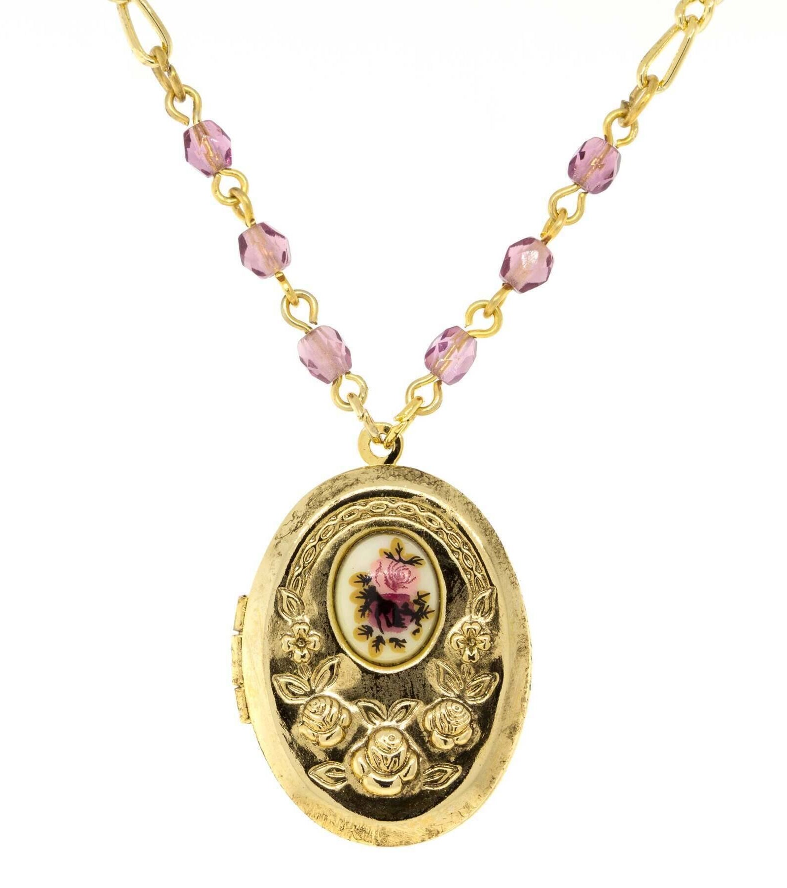1928 Jewelry Manor House Pink And Purple Flower Beaded Locket Necklace 18" + 3" Extender