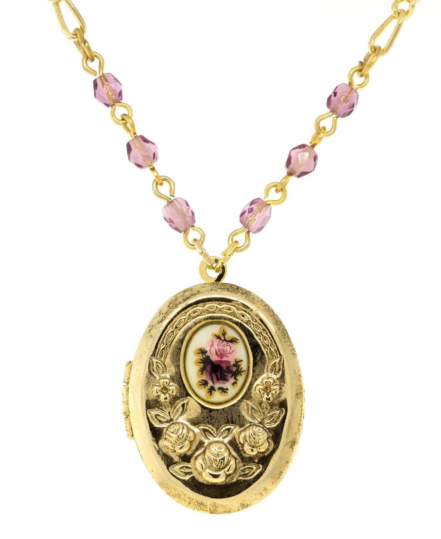 1928 Jewelry Manor House Pink And Purple Flower Beaded Locket Necklace 18" + 3" Extender