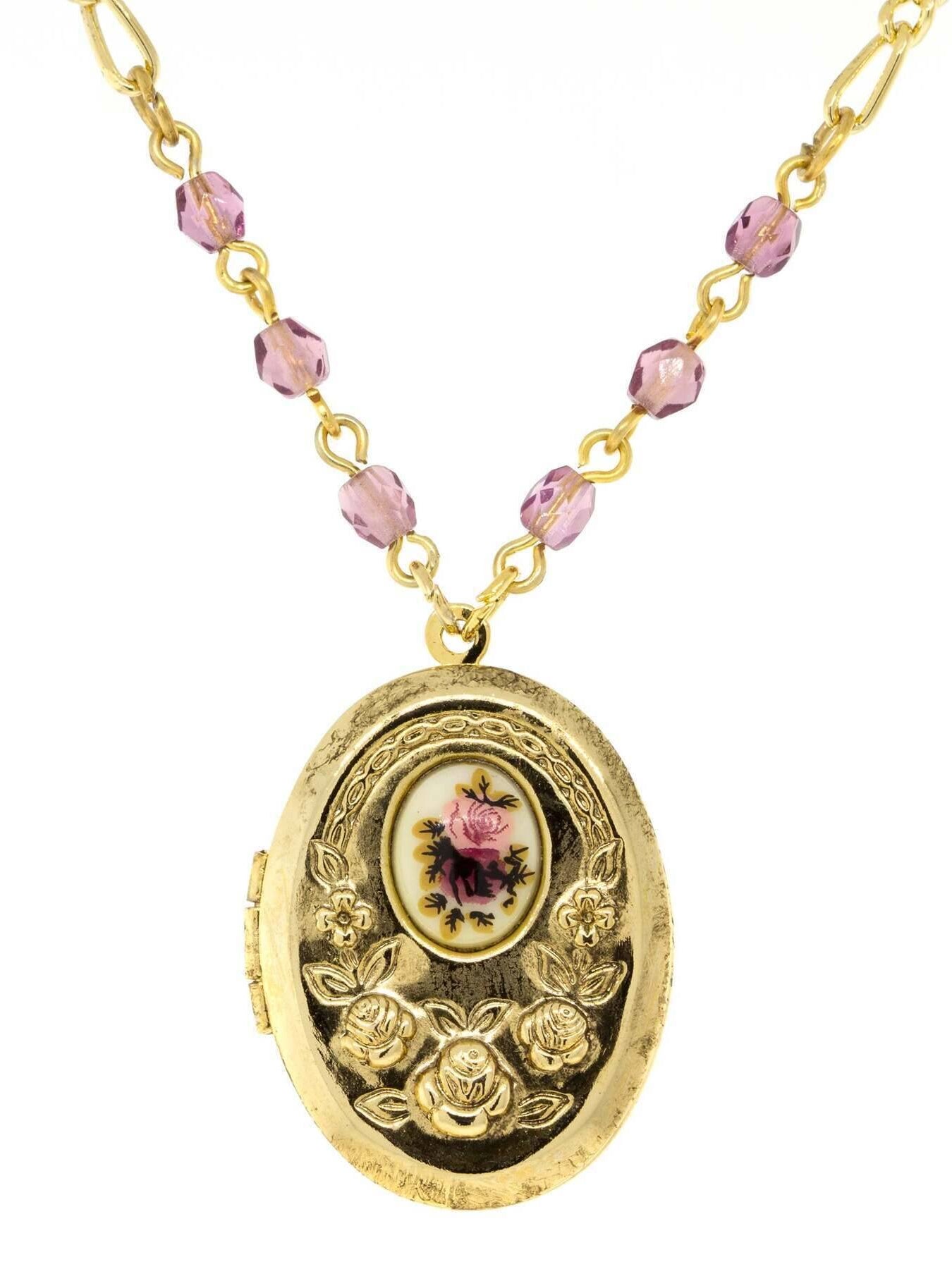 1928 Jewelry Manor House Pink And Purple Flower Beaded Locket Necklace 18" + 3" Extender
