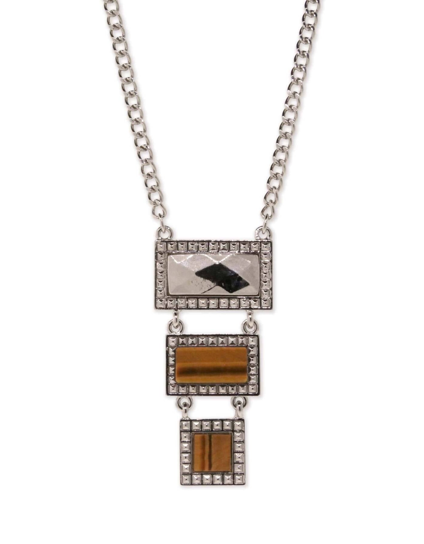 1928 Jewelry Tigers Eye Gemstone Rectangle Square Drop Necklace 16" + 3" Extender