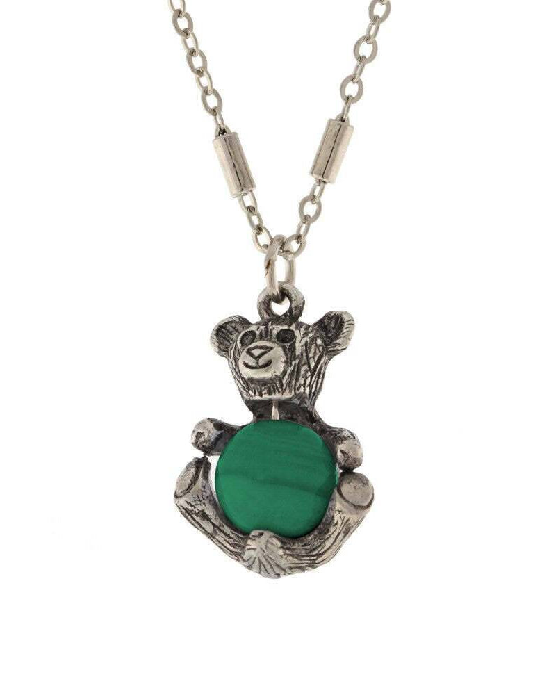 1928 Jewelry Pewter Round Gemstone Teddy Bear Pendant Necklace 16" + 3" Extender