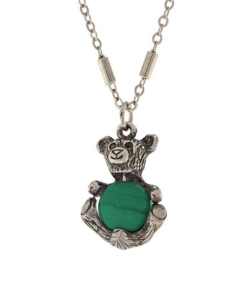 1928 Jewelry Pewter Round Gemstone Teddy Bear Pendant Necklace 16" + 3" Extender