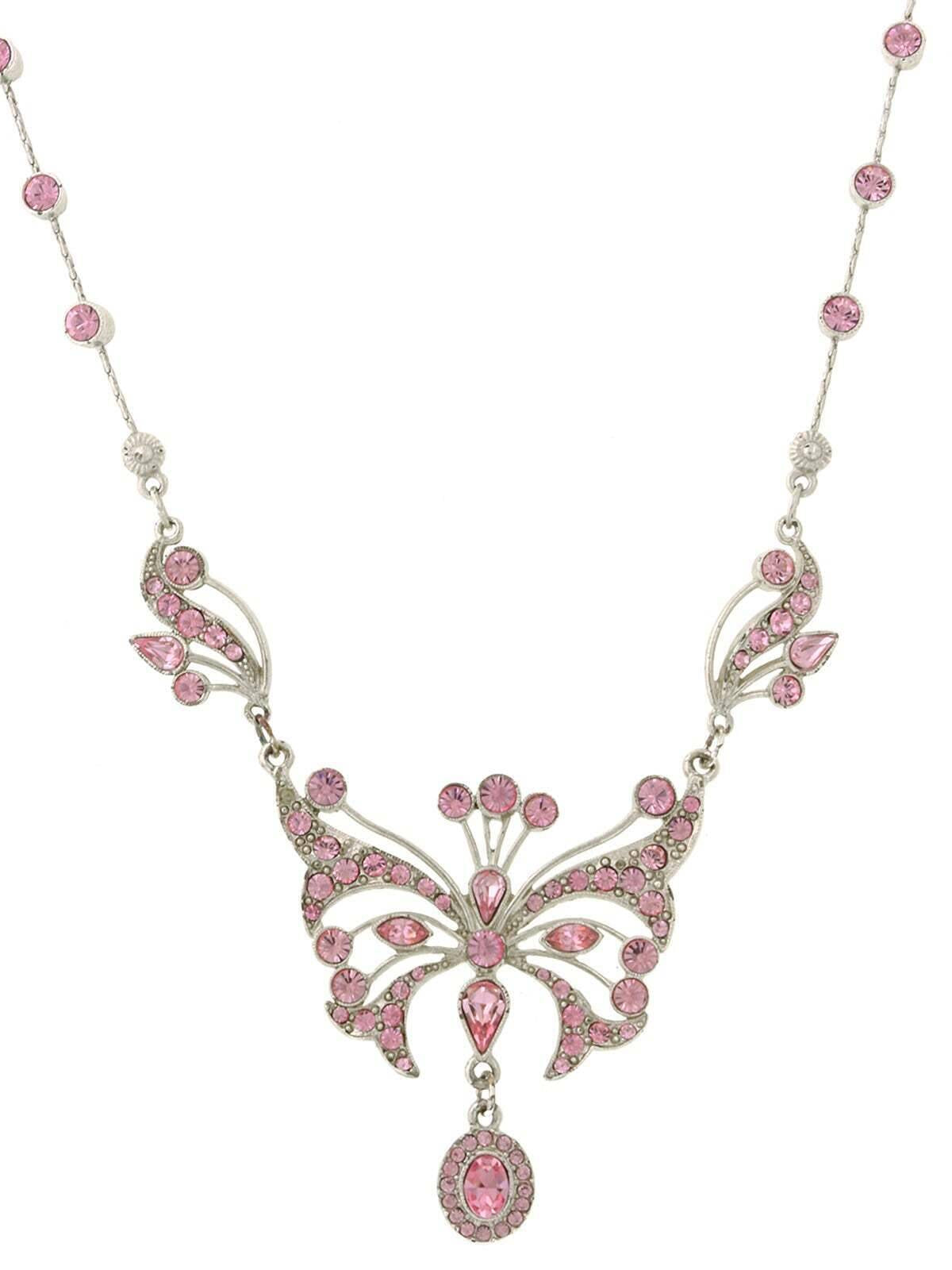 1928 Jewelry Silver With Pink Austrian Crystal Butterfly Pendant Necklace 15" + 3" Extender In Box