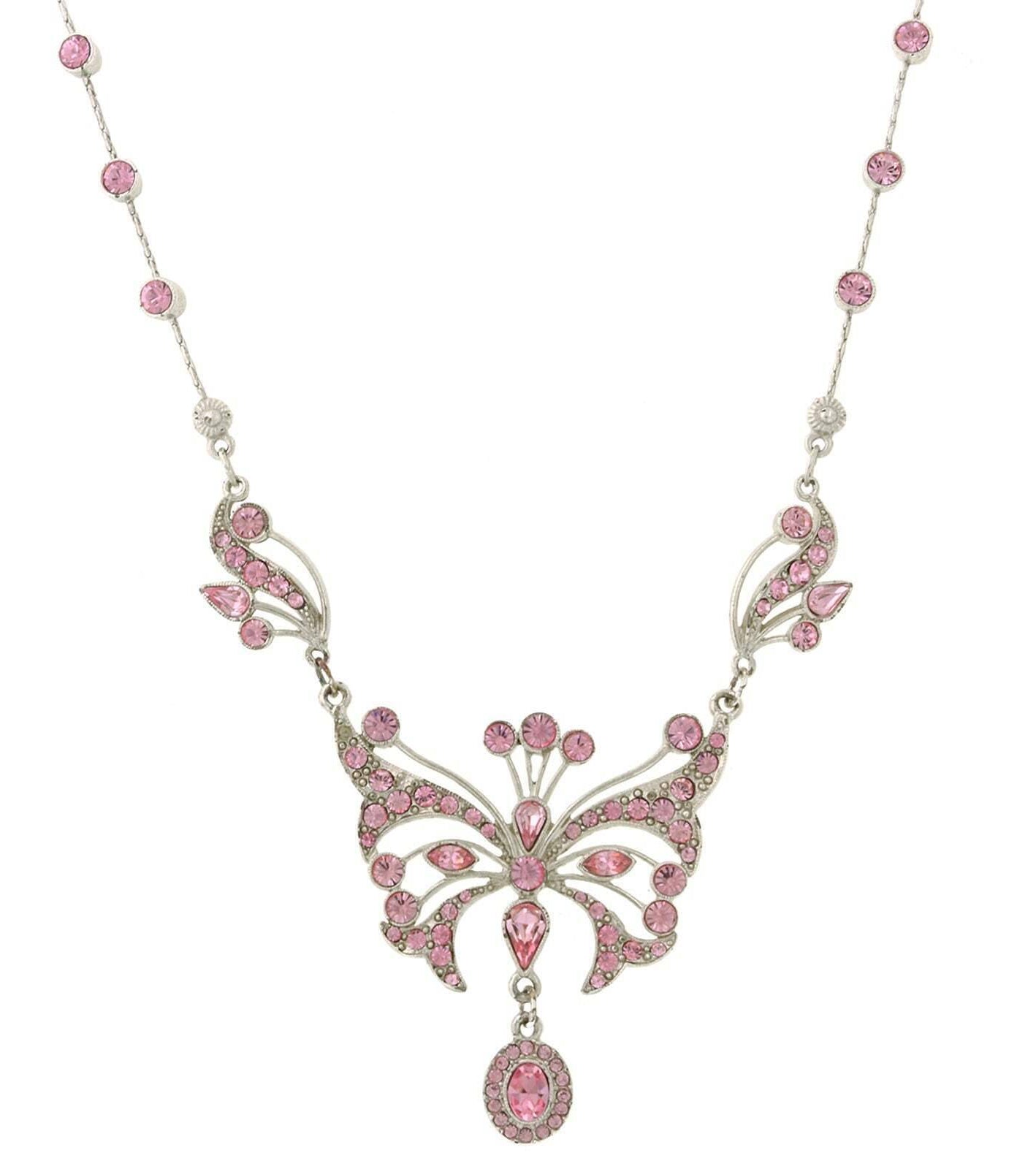 1928 Jewelry Silver With Pink Austrian Crystal Butterfly Pendant Necklace 15" + 3" Extender In Box