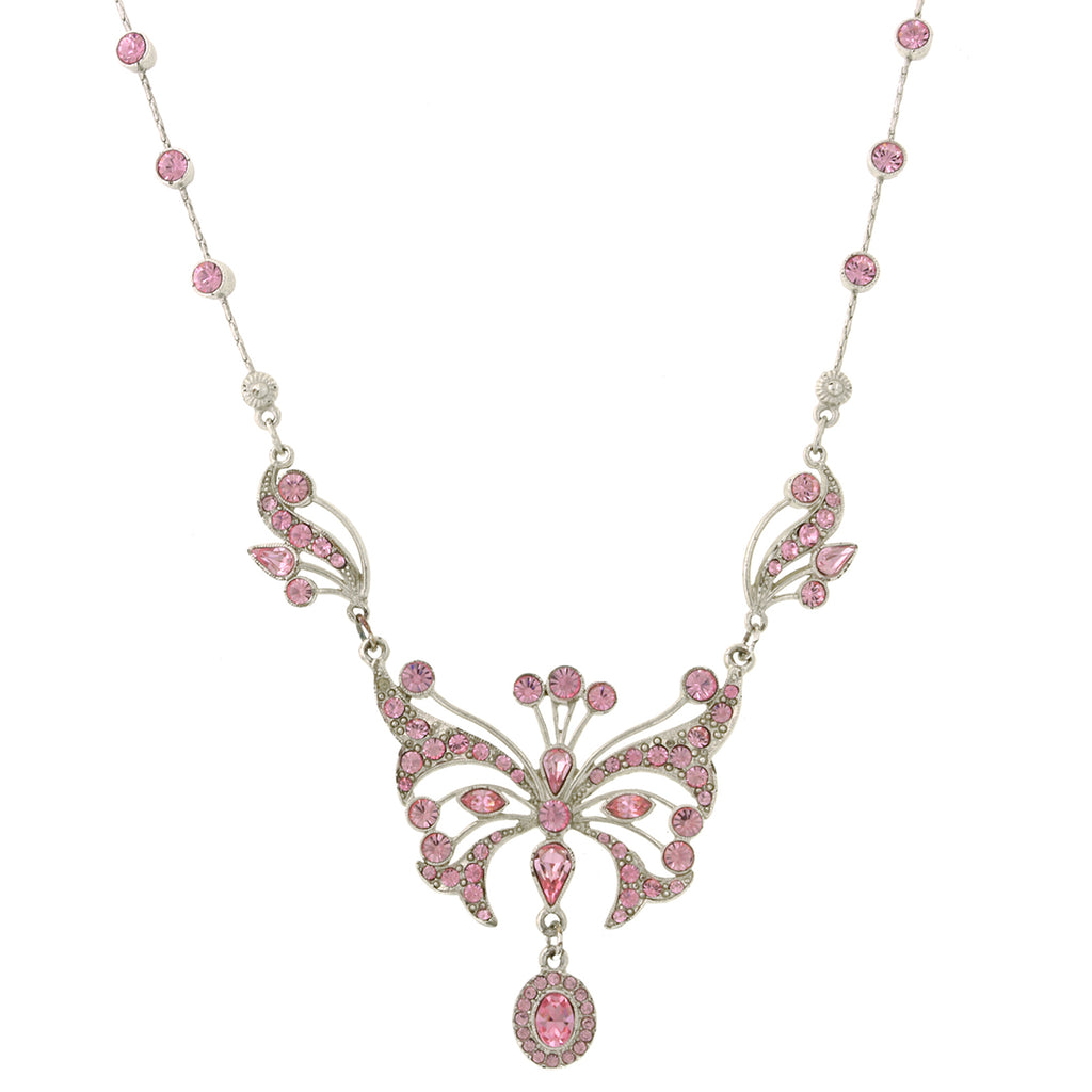 Silver With Pink Austrian Crystal Butterfly Necklace 15 In Adj In Black Box