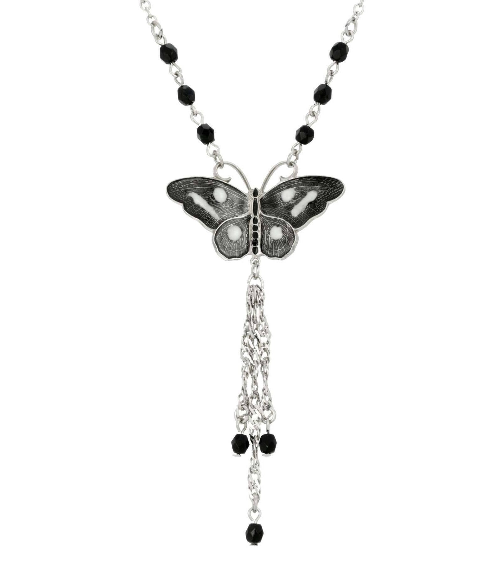 1928 Jewelry Enamel Butterfly Tassel Necklace 16" + 3" Extender