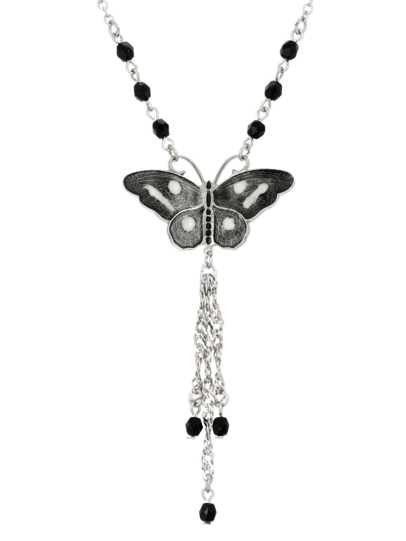 1928 Jewelry Enamel Butterfly Tassel Necklace 16" + 3" Extender