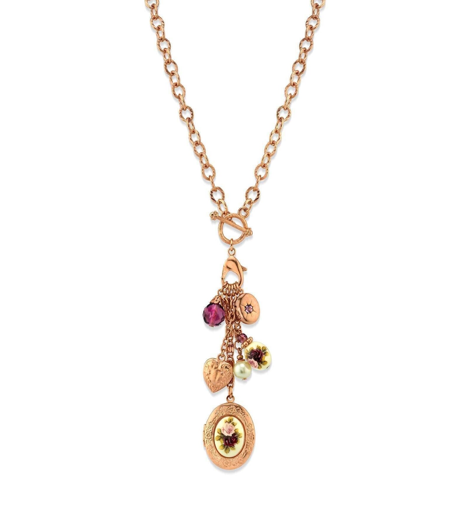 1928 Jewelry Manor House Pink Purple Rose Crystal Heart And Locket Charm Toggle Necklace 20"