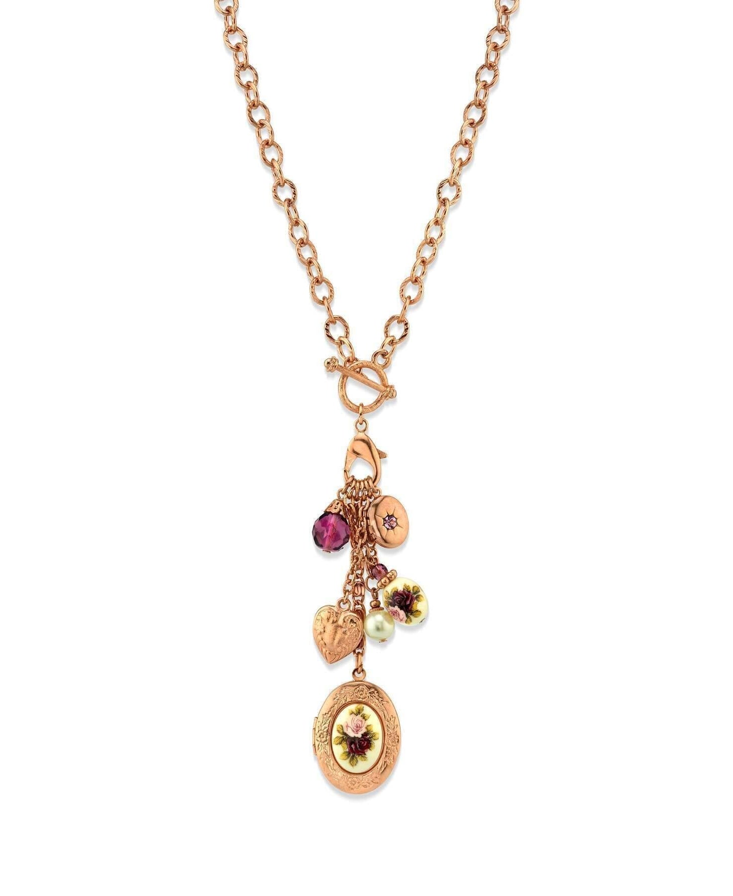 1928 Jewelry Manor House Pink Purple Rose Crystal Heart And Locket Charm Toggle Necklace 20"