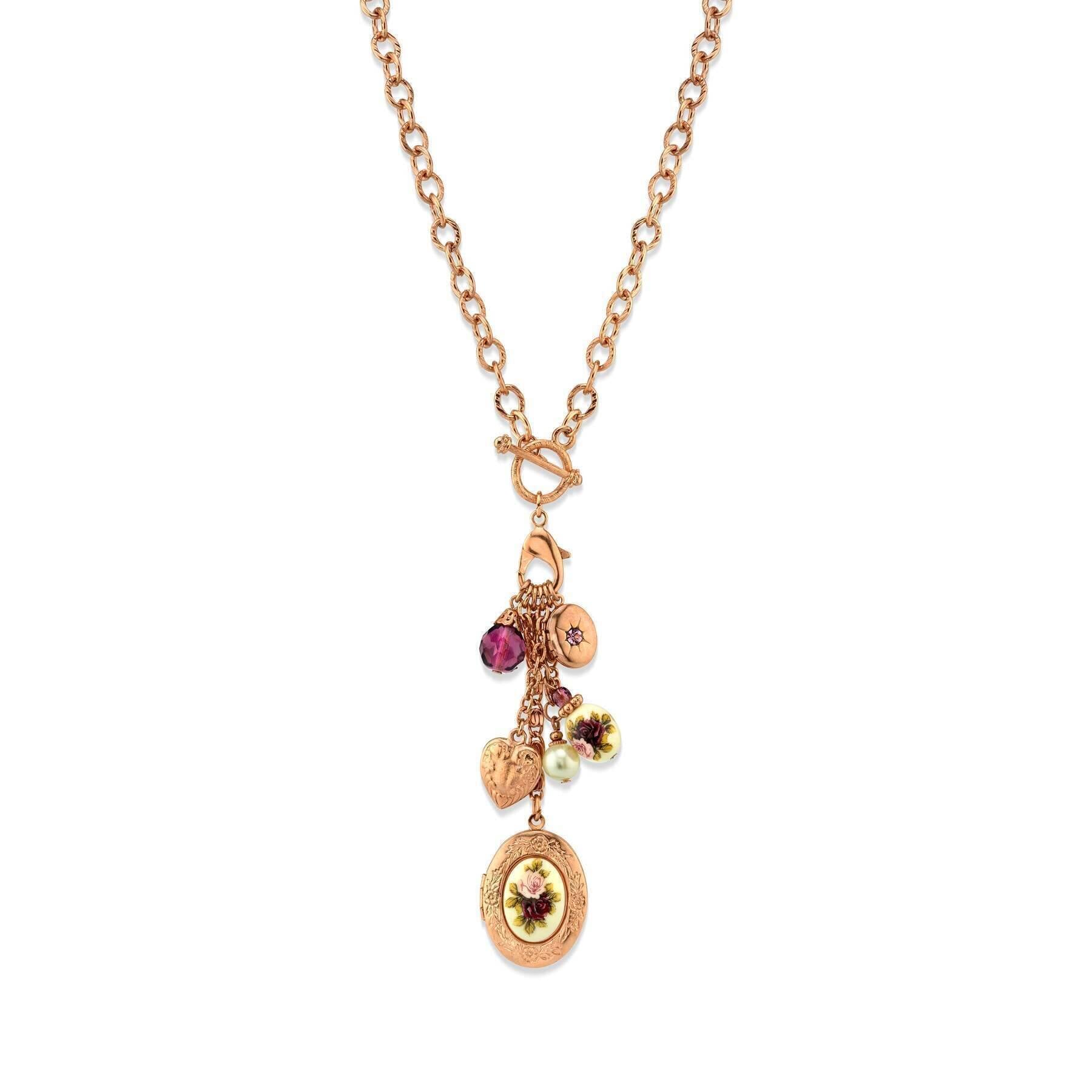 1928 Jewelry Manor House Pink Purple Rose Crystal Heart And Locket Charm Toggle Necklace 20"