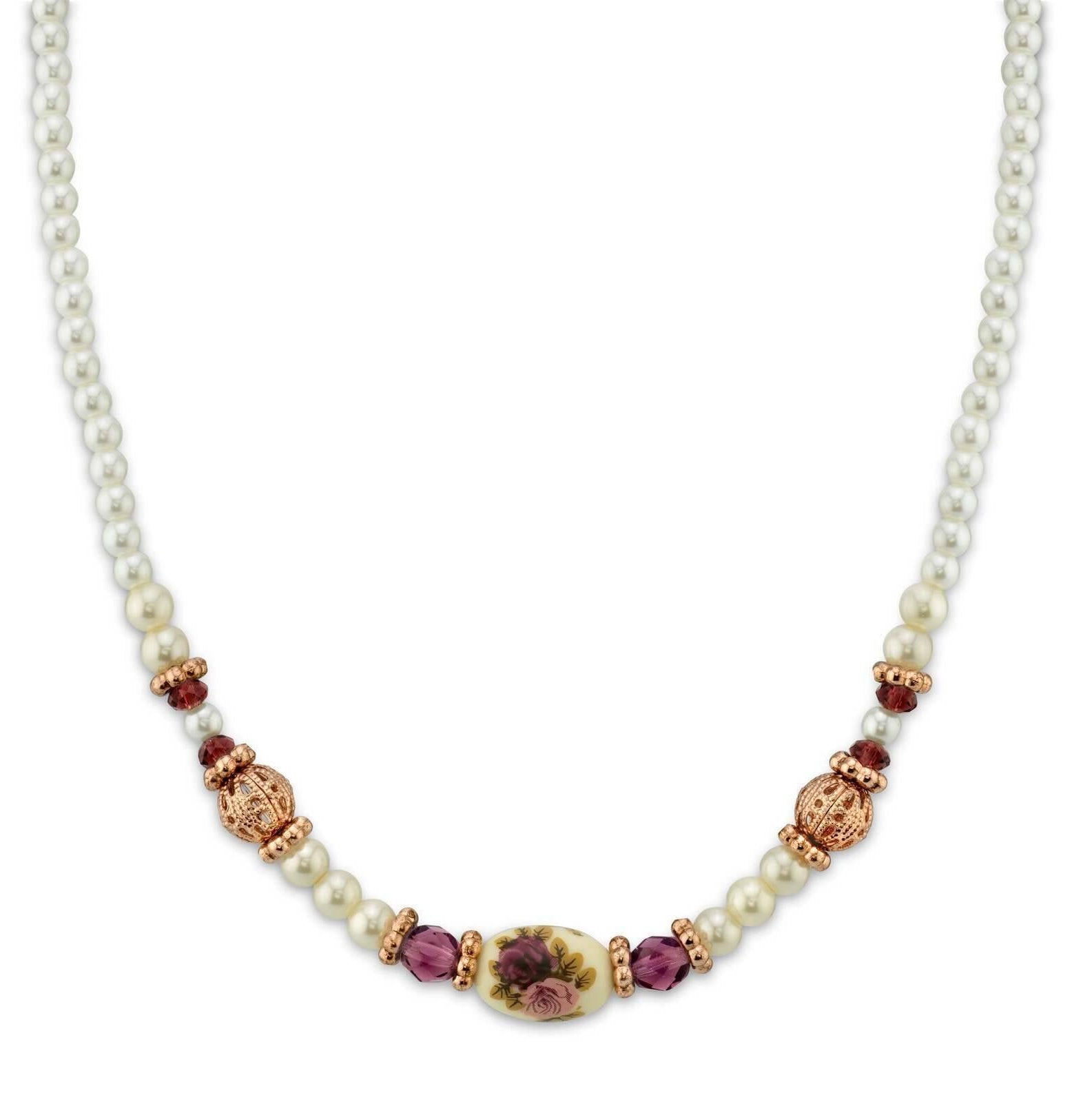 1928 Jewelry Manor House 4mm Faux Pearl Strand Amethyst Crystal Filigree Puff Ball Necklace 15" + 3" Extender