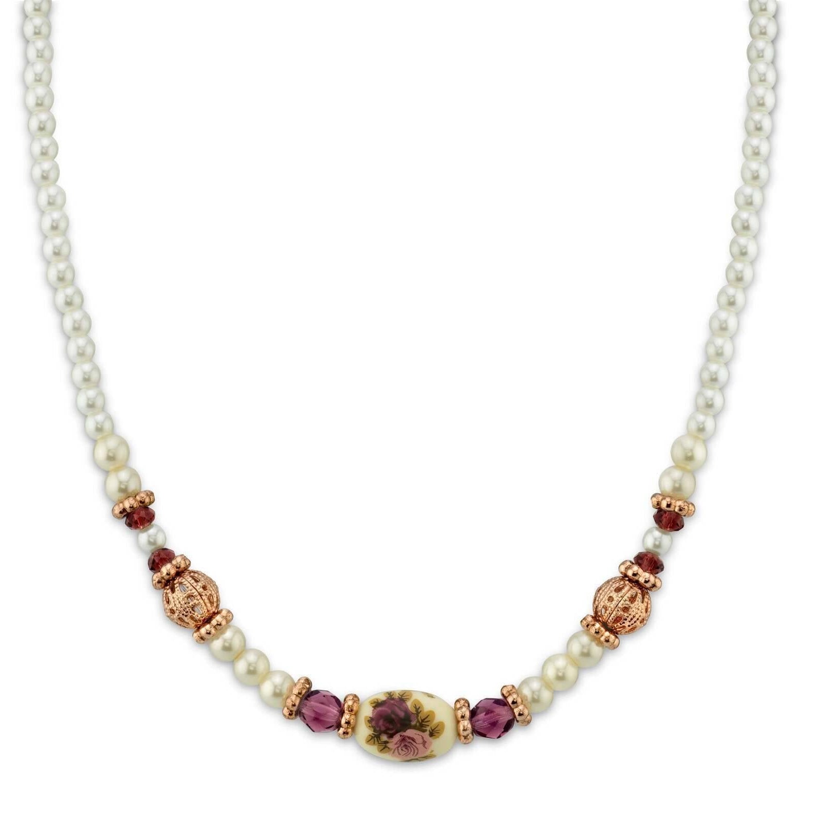 1928 Jewelry Manor House 4mm Faux Pearl Strand Amethyst Crystal Filigree Puff Ball Necklace 15" + 3" Extender