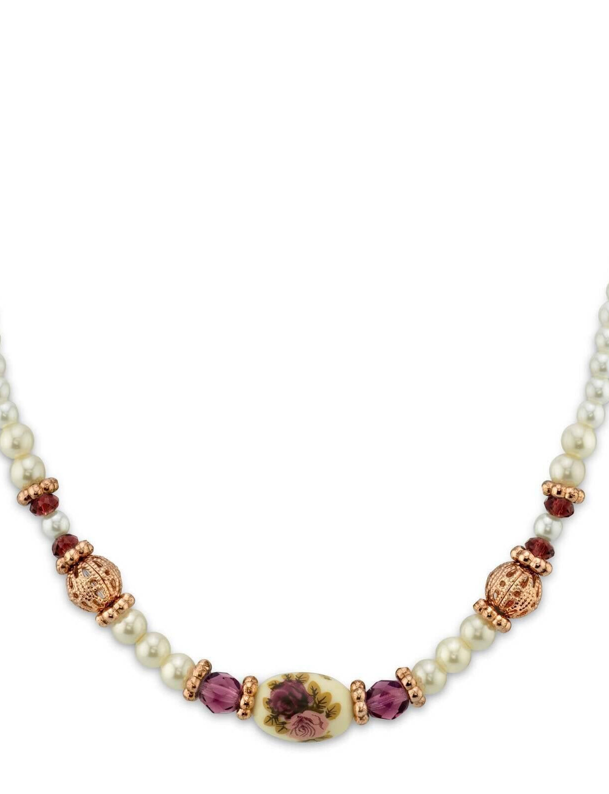 1928 Jewelry Manor House 4mm Faux Pearl Strand Amethyst Crystal Filigree Puff Ball Necklace 15" + 3" Extender