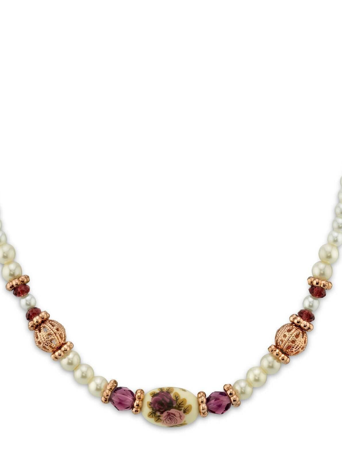 1928 Jewelry Manor House 4mm Faux Pearl Strand Amethyst Crystal Filigree Puff Ball Necklace 15" + 3" Extender