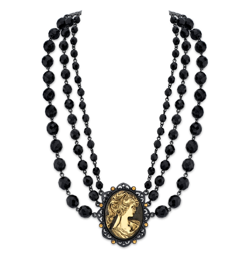 Black Tone And Gold Tone Triple Strand Cameo Necklace 16   19 Inch Adjustable