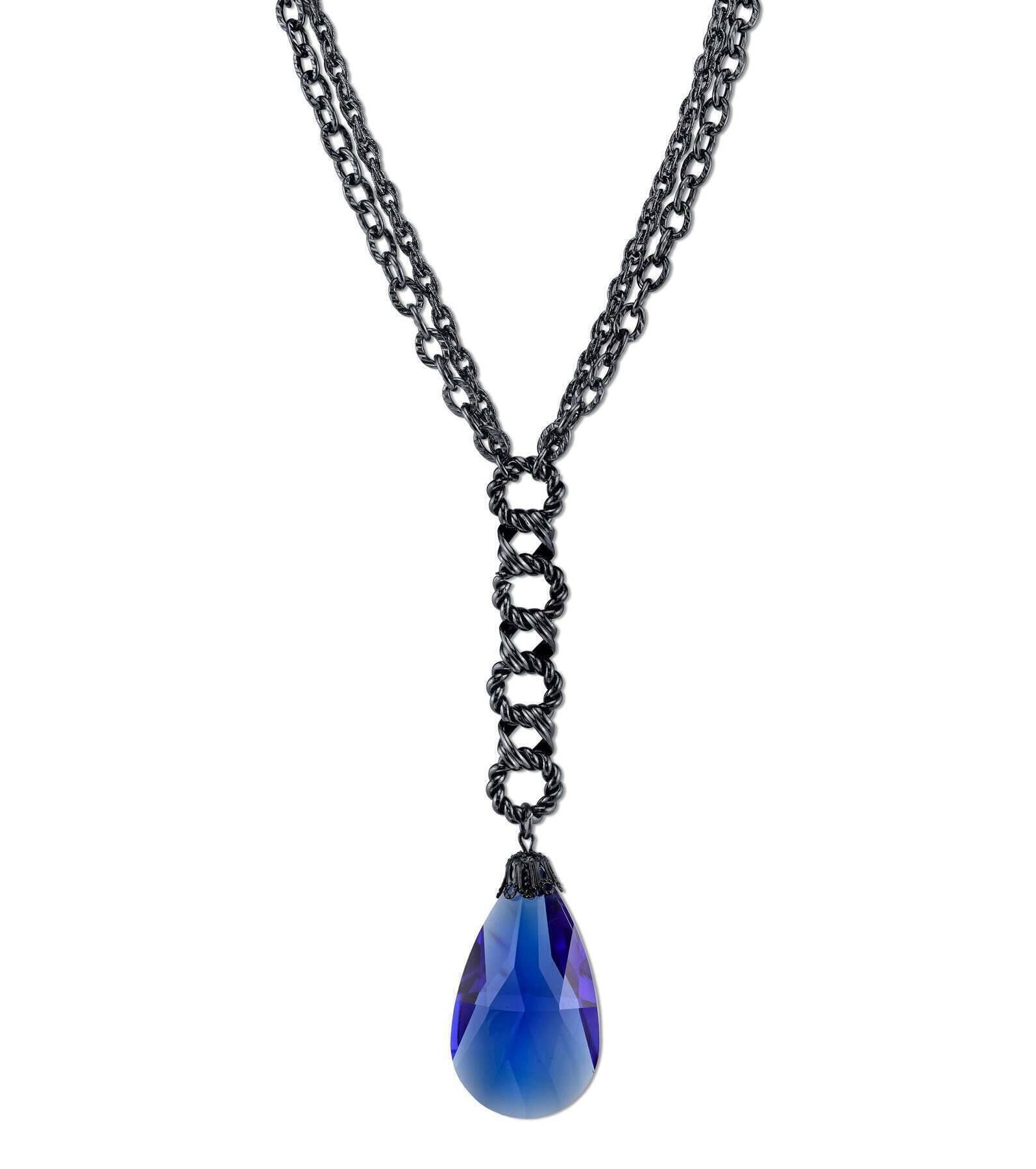 2028 Jewelry Sapphire Blue Briolette Glass Crystal Black Chain Y-Necklace 16" + 3" Extender