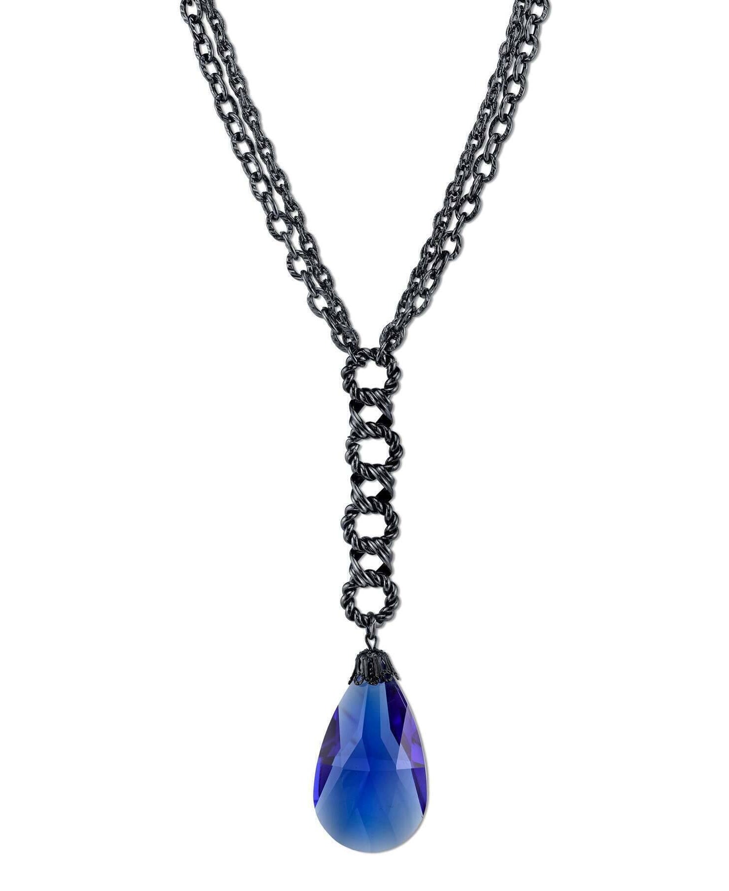 2028 Jewelry Sapphire Blue Briolette Glass Crystal Black Chain Y-Necklace 16" + 3" Extender