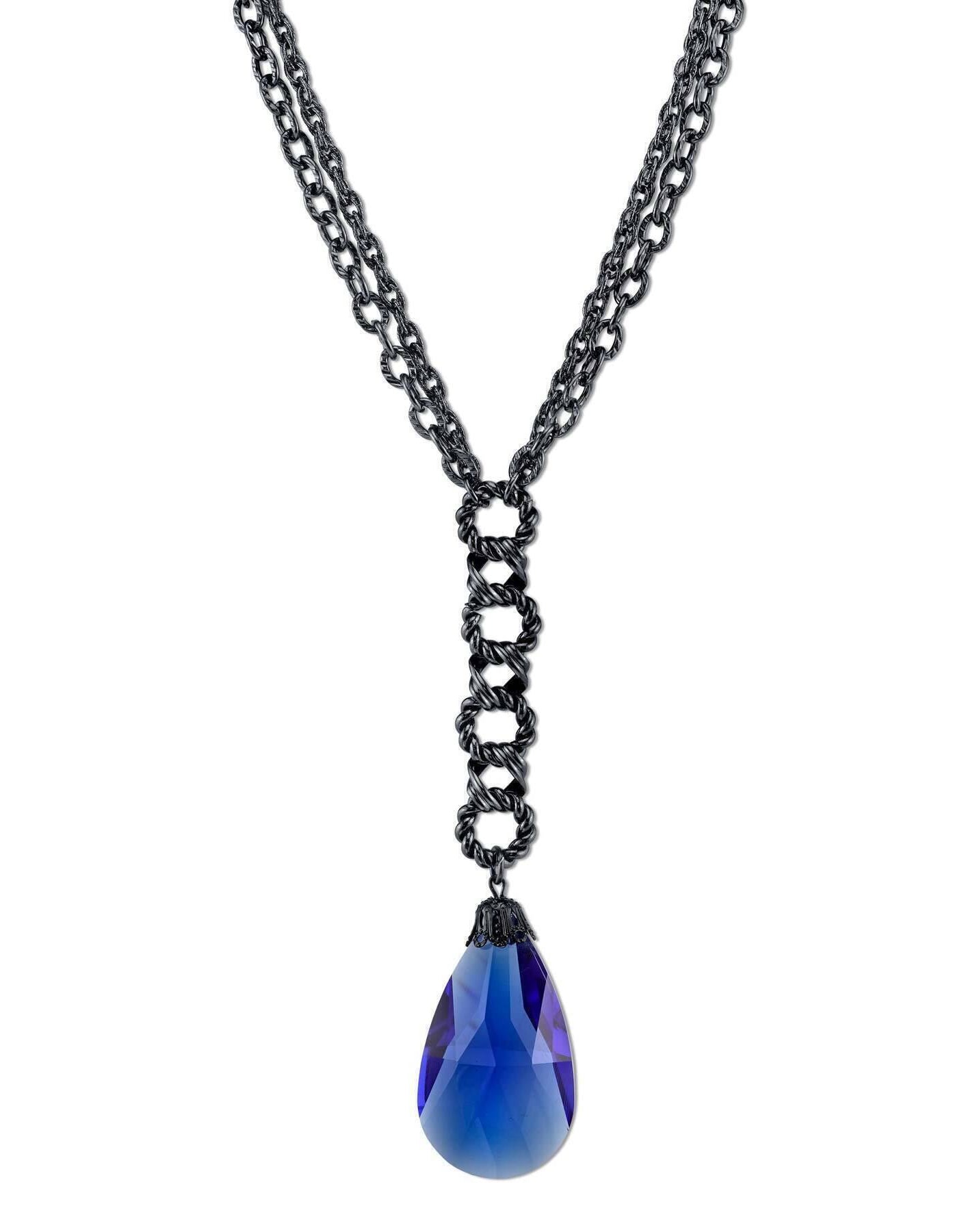 2028 Jewelry Sapphire Blue Briolette Glass Crystal Black Chain Y-Necklace 16" + 3" Extender